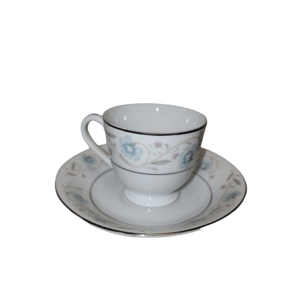 Elegant Fine China Cup and Saucer Set - White with Blue and Pink Floral Design